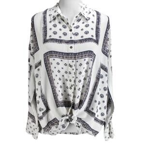Free People Voile Little Secrets Shirt Women Sz M White Blue Print Button Front